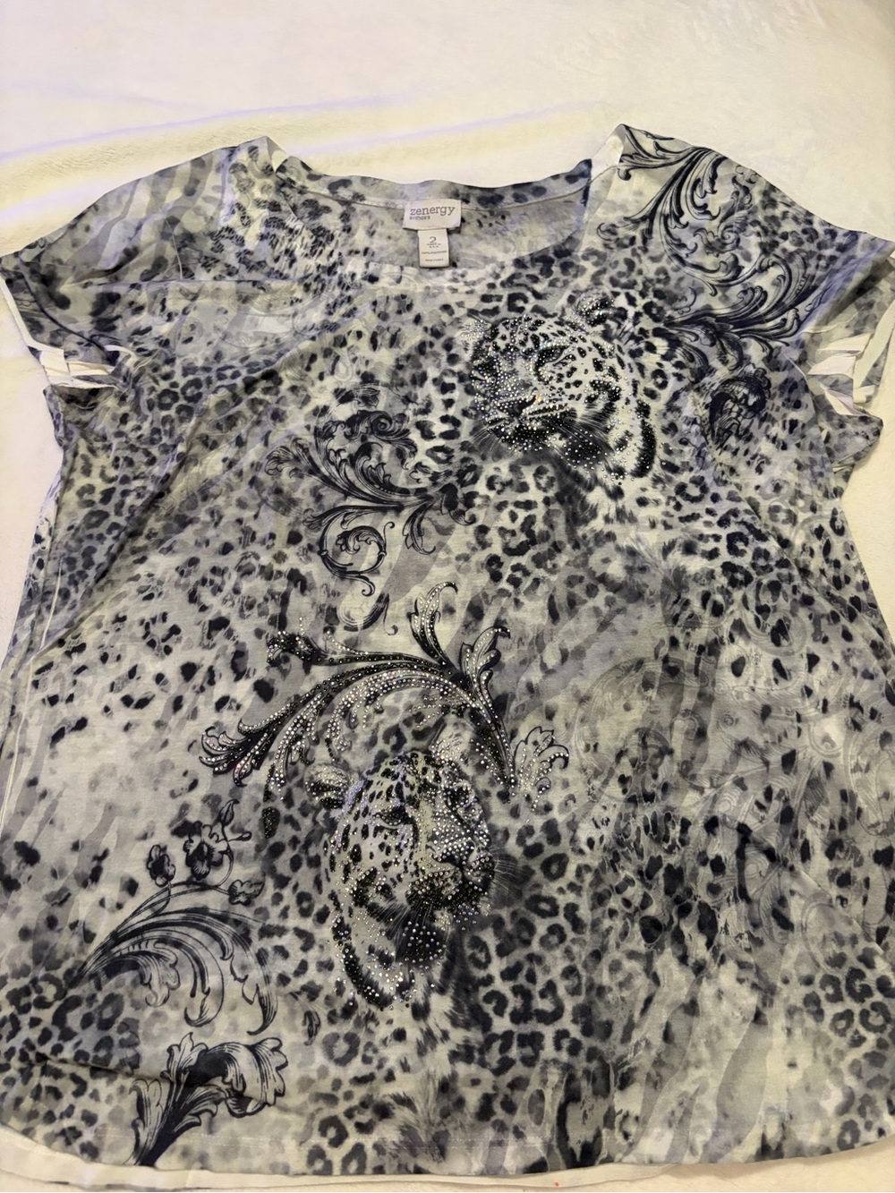 Energy Gray Leopard Print Short Sleeve Tee with Rhinestone Detail